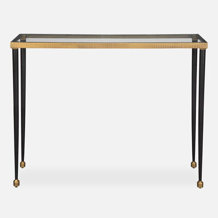 Uttermost Stiletto Glass Top With Antiqued Gold and Black Base Console Table