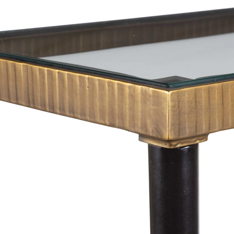 Uttermost Stiletto Glass Top With Antiqued Gold and Black Base Console Table - Image 4