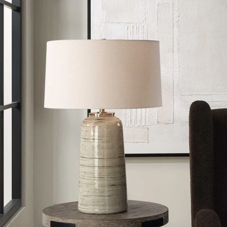 Uttermost Strata Tan Glazed Ceramic Table Lamp With White Linen Shade