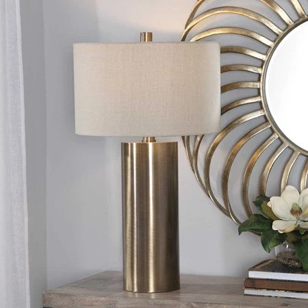 Uttermost Taria Antiqued Brushed Brass Table Lamp With Beige Linen Shade