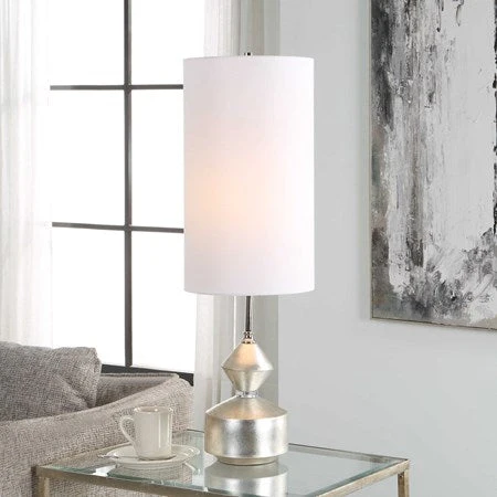 Uttermost Vial Silver Leaf and Polished Nickel Buffet Lamp With White Linen Shade - Image 3