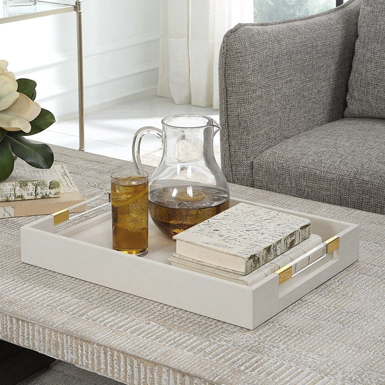 Uttermost Wessex White Faux Shagreen Tray with Acrylic and Brass Handles - Image 4