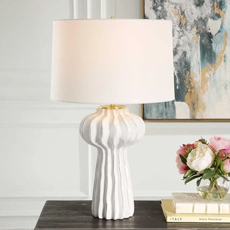 Uttermost Wrenley Off-White Glazed Porcelain Table Lamp With White Linen Shade - Image 3