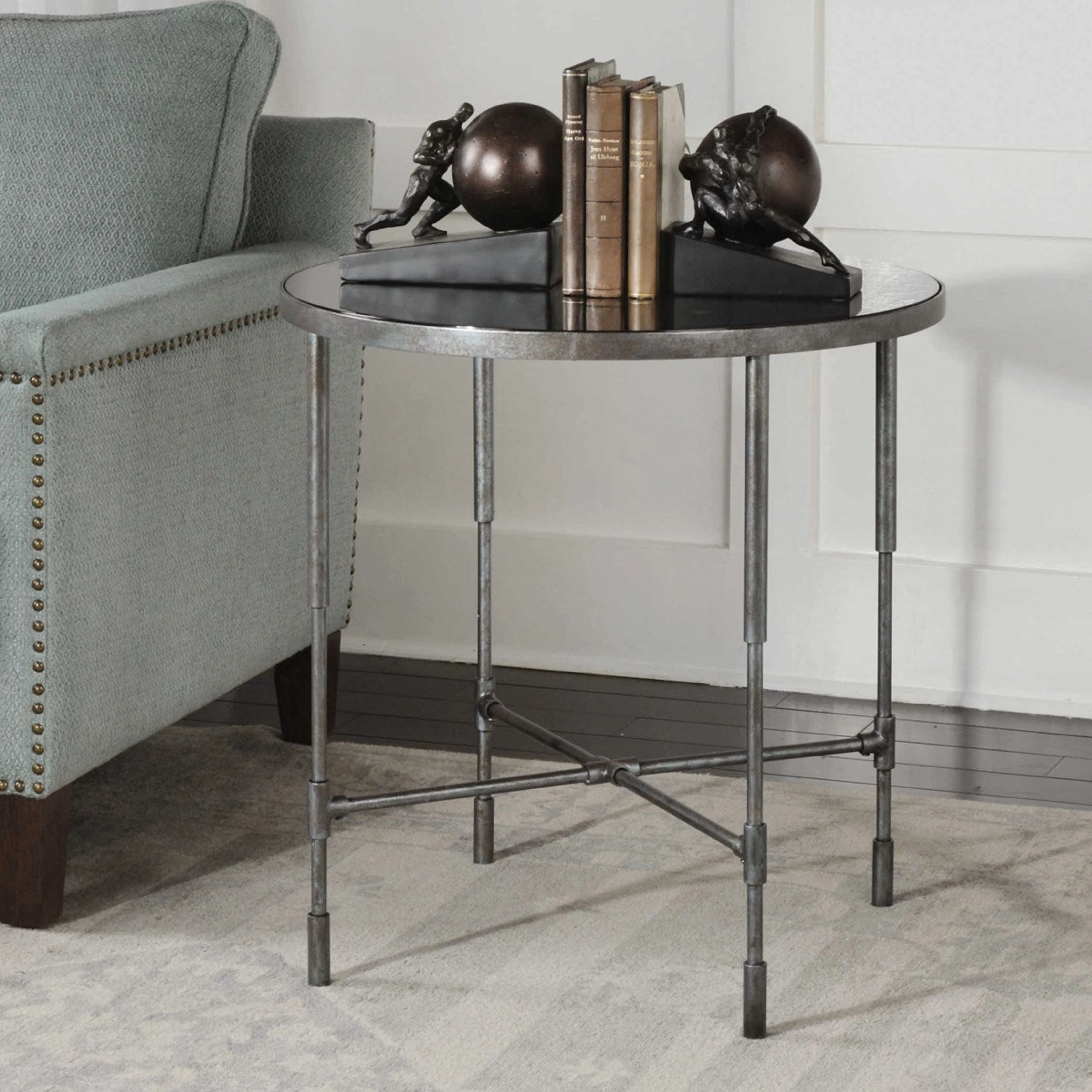 Uttermost Vande Smoked Glass Top With Aged Iron Base Industrial Modern Side Table - Image 2