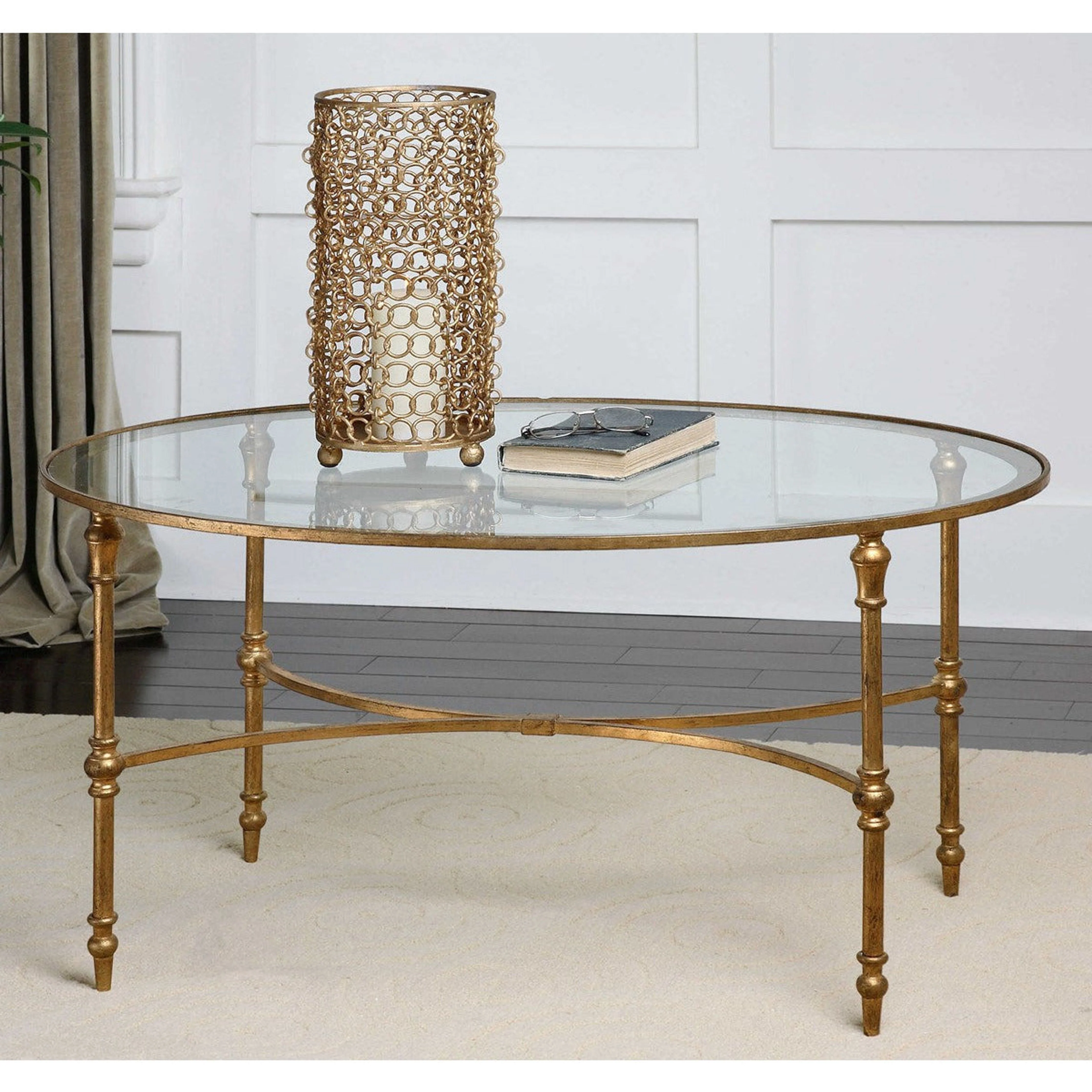 Uttermost Vitya Glass Top With Antiqued Gold Leaf Base Contemporary Coffee Table - Image 2