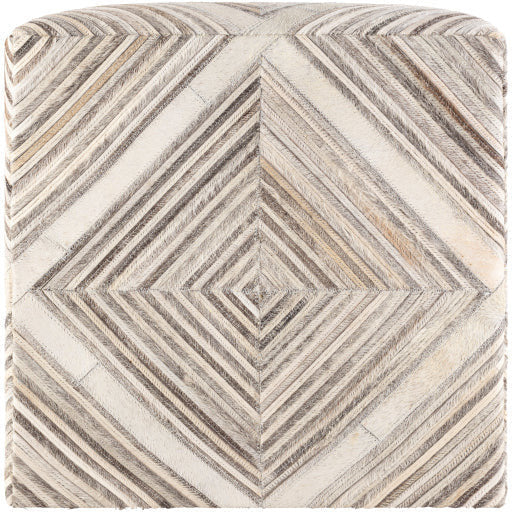 Surya Zander Modern Hair On Hide Gray, Charcoal, Cream & Taupe Patched Leather Pouf Ottoman ZNPF-008 - Image 5